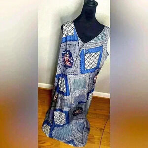 Vintage 90’s Carole Little 100% Silk Maxi Dress Blue Patchwork Floral Print 10
